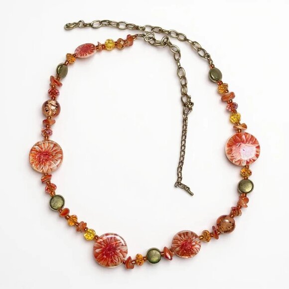 Multi Orange Flower On Round Circle Shell With Faceted Glass Bead Long Necklace - Picture 1 of 3